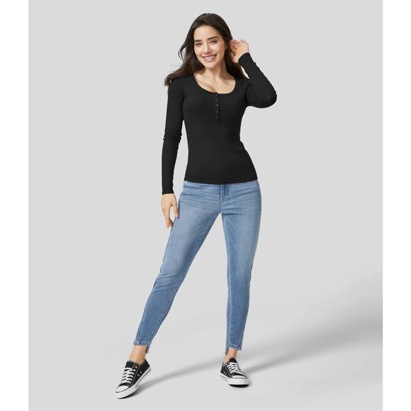 Halara Ribbed Henley Long Sleeve Slim Black Top Size Small NWT - Picture 5 of 9